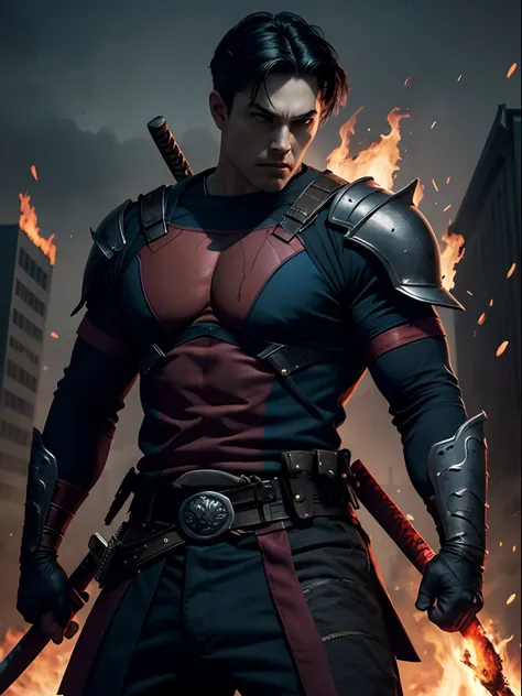 master part, Jason Todd Rebirth como samurai das sombras, Armadura azul, Estilo de pintura extremamente detalhado, The katana is in the right hand, The katana is on fire, The fire is blue, The fire is very bright, personagem realista, heroic, epic pose, Tw...