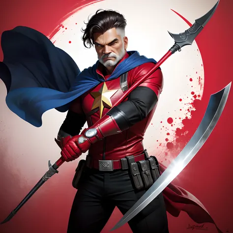 Communist man in superhero outfit, capa vermelha, with a scythe in hand, 4k super detalhado