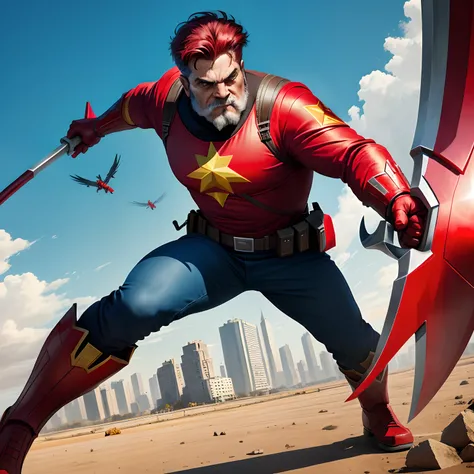 Communist man in superhero outfit, capa vermelha, with a scythe in hand, 4k super detalhado