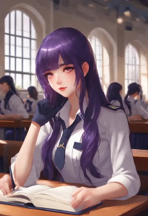 1girl, Long midnight purple hair, Ojos de luz dorada, Sit in class, Uniforme moderno de la escuela blanca, anime