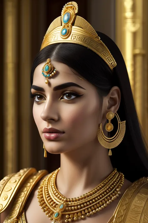 Cleopatra 7,Greek hairstyle,Greek clothing,beautiful detailed eyes,beautiful detailed lips,long eyelashes,graceful posture,confident expression,richly decorated dress,golden accessories,elaborate headdress,ornate jewelry,royal scepter,palace in the backgro...