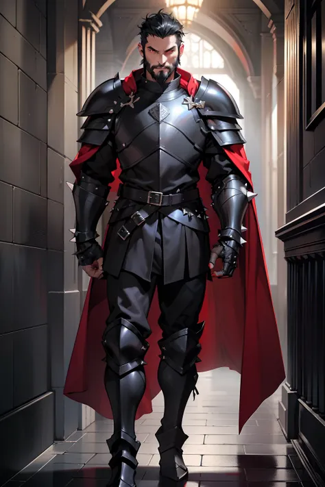 mature man, short black hair, long messy black beard, piercing red eyes, knight-general style clothing, wearing massive black chest armor, wearing black armor shoulders with spikes, wearing black armor gauntels, wearing black armor pants, wearing black arm...