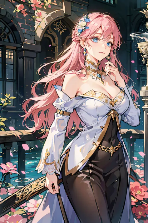 (absurdres, highres, ultra detailed), 1 female, adult, beautiful, tall thin woman, big boobs, small shoulders, finely detailed eyes, very long hair, pink hair, wavy hair, flowers, diamond, jewelry, medieval city, fountain, blue, fantasy setting, princess, ...