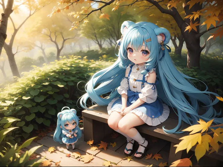 Chibichara　long hair with blue hair((Chibi Chara))、Fluffy、girl with、Chibi Chara、full body Esbian、Pastel colors hair、masutepiece、top-quality、In the forest of autumn leaves、Cute bears are also with us。