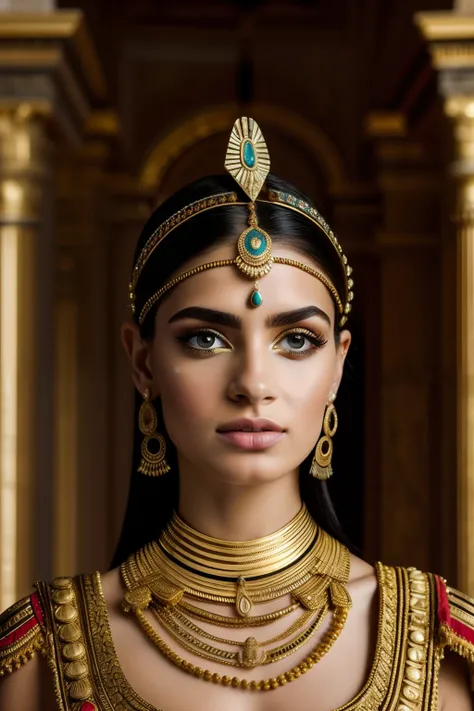 Cleopatra 7,Roupas gregas,belos olhos detalhados,beautiful detailed lips,long eyelashes,postura graciosa,confident expression,vestido ricamente decorado,golden accessories,cocar elaborado,joias ornamentadas,cetro real,Palace in the background,Trono ricamen...