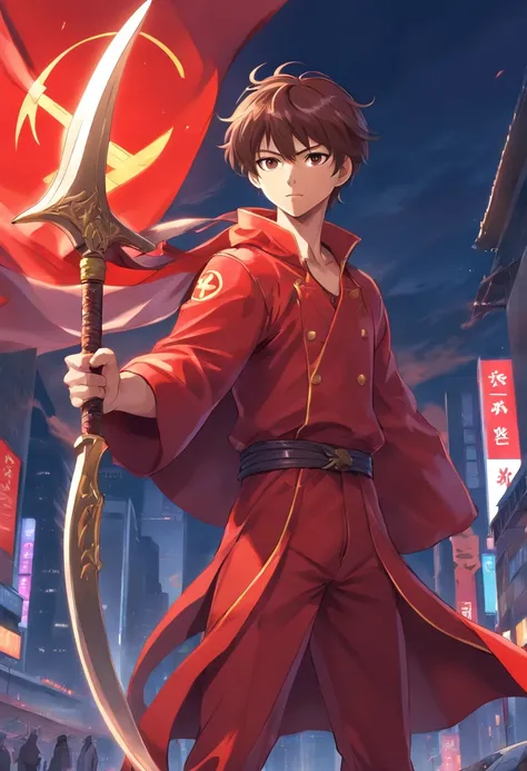 Communist man in superhero costume, capa vermelha, with a scythe in hand, 4k super detalhado, estilo manga, mangaka, Japanese comic, muito detalhado, fundo com cores leves, Crisp character, Invincible style