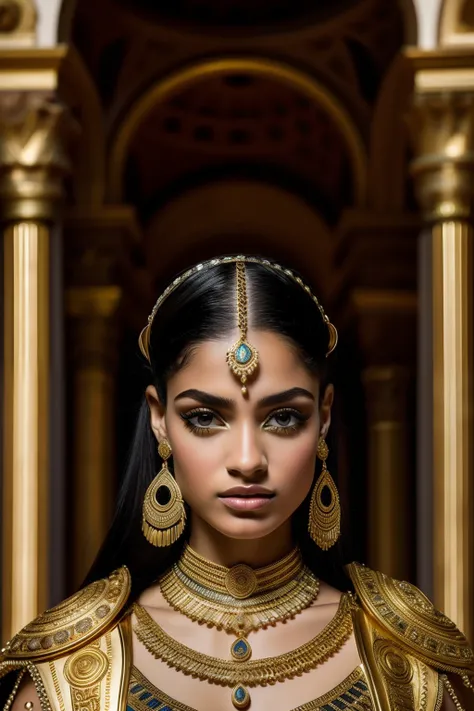 cleopatrah,Roupas gregas,belos olhos detalhados,beautiful detailed lips,long eyelashes,postura graciosa,confident expression,vestido ricamente decorado,golden accessories,cocar elaborado,joias ornamentadas,cetro real,Palace in the background,Trono ricament...