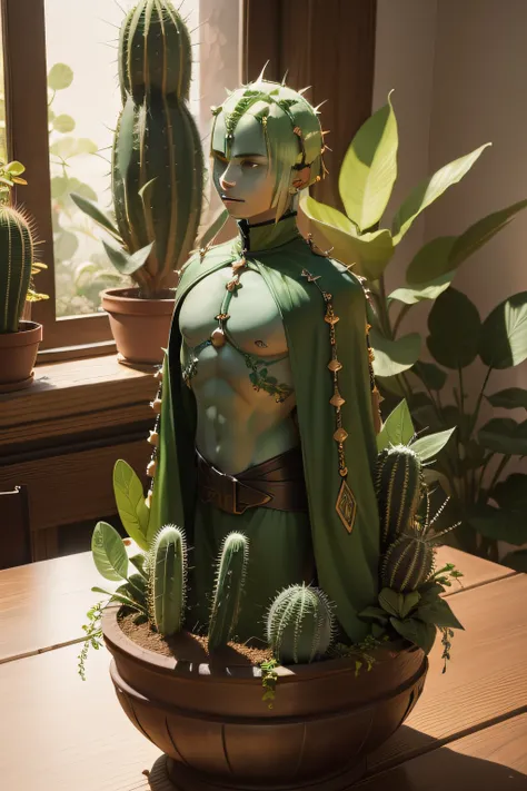 Humanoid priest cactus retaining the traits of the plant fantasy character, manter o rosto e criar um corpo humanoide