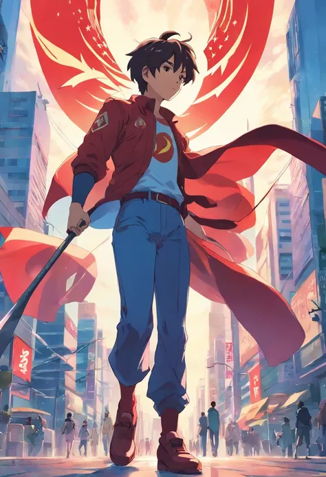 Communist man in superhero costume, capa vermelha, with a scythe in hand, 4k super detalhado, manga-style, Mangaka, Quadrinhos japoneses, muito detalhado, fundo com cores leves, Crisp character, Invincible style, perfil de meio corpo