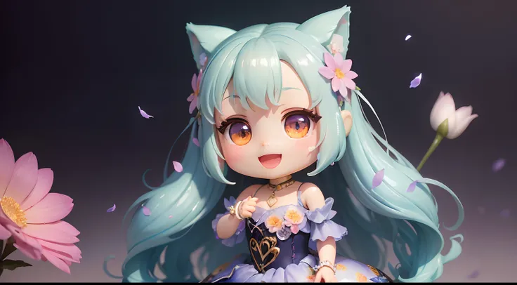 photoRealstic、1 Humanoid（nendroid）、Open mouth and big smile、watercolor Nendoroid、(High Definition Figure)、Flowing iridescent silk、Floral dress、Subtly add a heart shape to a photo、There are also flowers in front of the nendroids、flower petals、Please take a ...