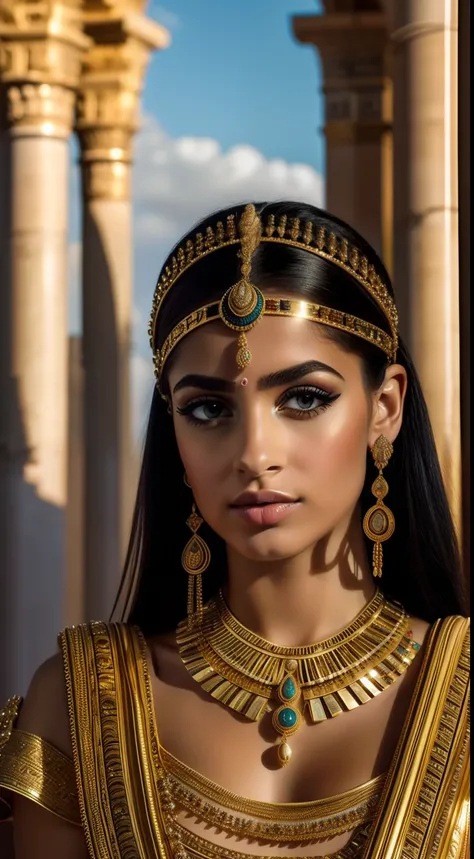 Queen Cleopatra,Roupas gregas,belos olhos detalhados,beautiful detailed lips,long eyelashes,postura graciosa,confident expression,vestido ricamente decorado,golden accessories,cocar elaborado,joias ornamentadas,cetro real,Palace in the background,Trono ric...