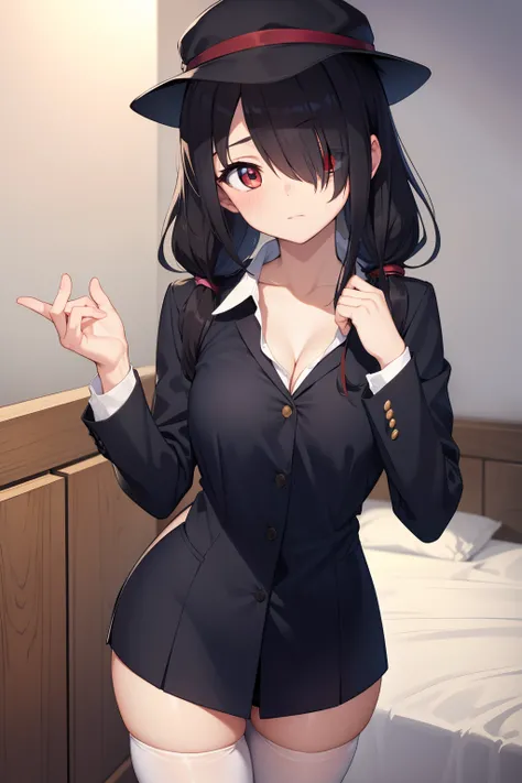 kurumitokisaki, tokisaki kurumi, black hair, low twintails, (hair over one eye:1.5), (red eyes:1.2), (small breast:1.2), BREAK thighhighs, hat, cleavage, white thighhighs, office outfit, officelady, tokisaki kurumi, BREAK looking at viewer, BREAK indoors, ...