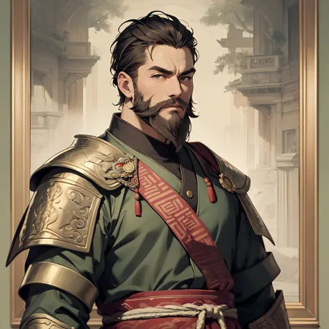 Absurd resolution, high resolution, (masterpiece: 1.4), hyper-detailed, ancient Chinese, short haired man with a beard (1.3), general in armor, inside the palace