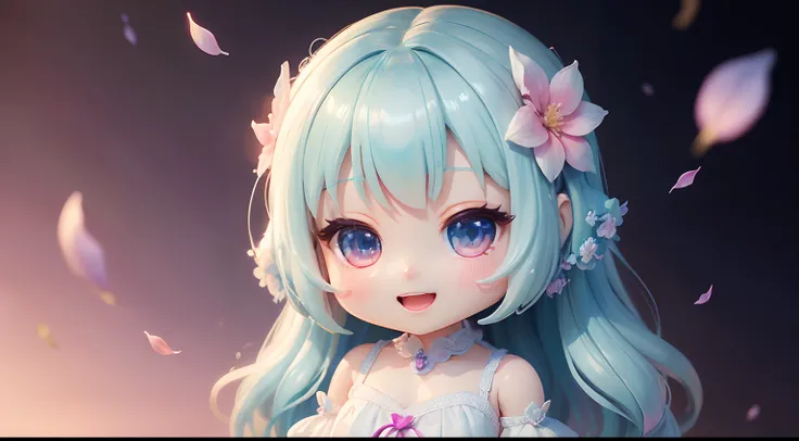 photoRealstic、1 Humanoid（nendroid）、Open mouth and big smile、watercolor Nendoroid、(High Definition Figure)、Flowing iridescent silk、Floral dress、Subtly add a heart shape to a photo、There are also flowers in front of the nendroids、flower petals、Please take a ...