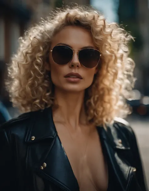 blonde woman with curly hair poses on the street, wearing sunglasses and a handbag, photo taken with provia, in the style of ultrafine detail, high quality photo, 105 mm f/2.4