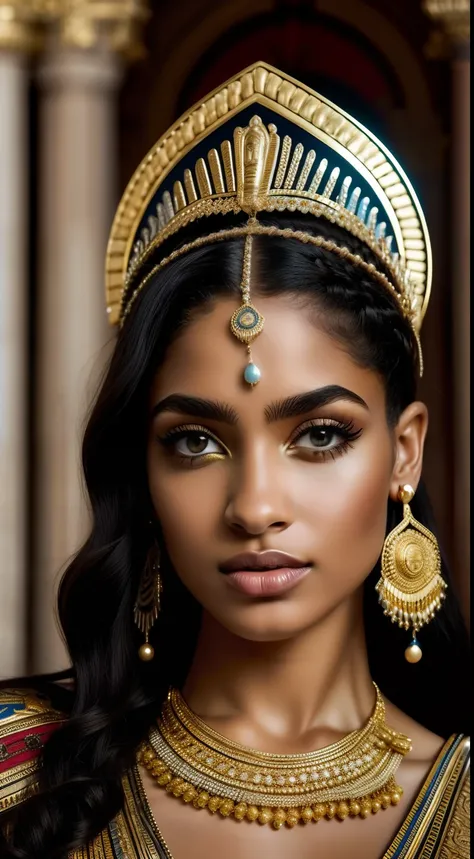 cleopatrah,Roupas gregas,pele branca,belos olhos detalhados,beautiful detailed lips,long eyelashes,postura graciosa,confident expression,vestido ricamente decorado,golden accessories,cocar elaborado,joias ornamentadas,cetro real,Palace in the background,Tr...