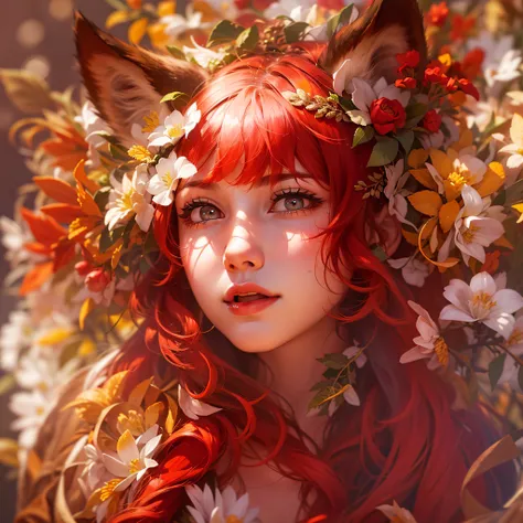 Beautiful scarlet wolf girl, Arnouveau style, fondness, wolf ears, red hair is long, sunlight rays, airiness, grace, Floral ornament, chiffon, Silk, Correct eye proportions, expressive eyes, long eyelashes, plump wet lips, Texture skins for the face, A lot...