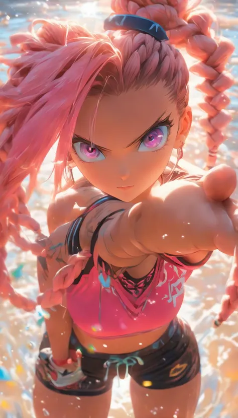 (masterpiece),(ultra-detailed), ShoalBeat, 1girl, solo, , shorts, leggings, braids, off shoulder jacket, sports bra, hairband, cowboy shot, pink hair, symbol-shaped eyes, in the gym, sweat, wet skin, water bottle,