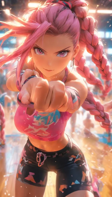 (masterpiece),(ultra-detailed), ShoalBeat, 1girl, solo, , shorts, leggings, braids, off shoulder jacket, sports bra, hairband, cowboy shot, pink hair, symbol-shaped eyes, in the gym, sweat, wet skin, water bottle,