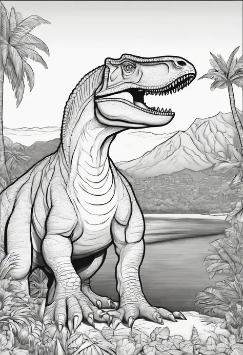 coloring page, no color, tyranosaurus rex in a rio de janeiro, cartoon style, black and white, low detail, no shading, no color, no shadow