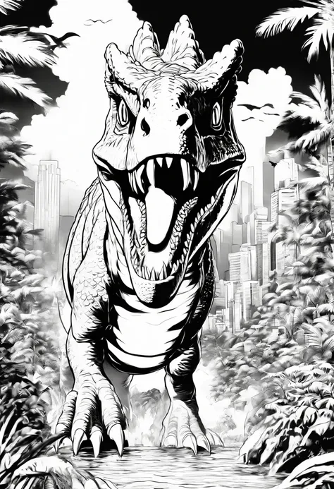 coloring page, no color, tyranosaurus rex in a rio de janeiro, cartoon style, black and white, low detail, no shading, no color, no shadow