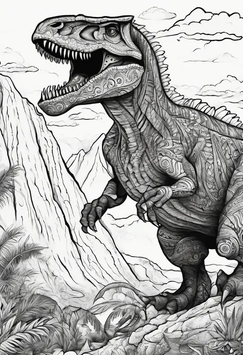 coloring page, no color, tyranosaurus rex in a rio de janeiro, cartoon style, black and white, low detail, no shading, no color, no shadow