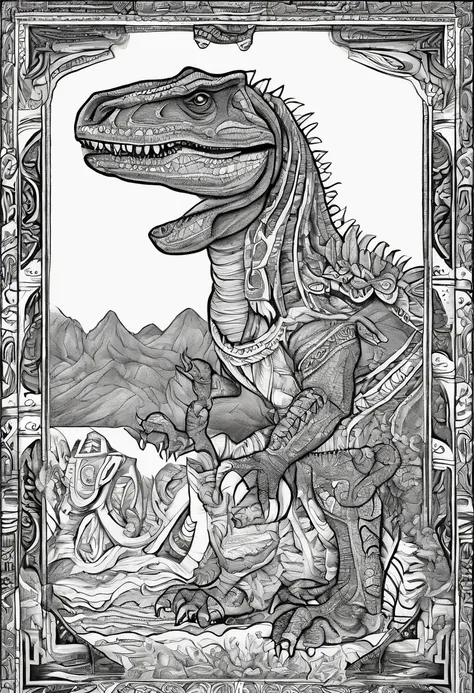 coloring page, no color, tyranosaurus rex in a rio de janeiro, cartoon style, black and white, low detail, no shading, no color, no shadow