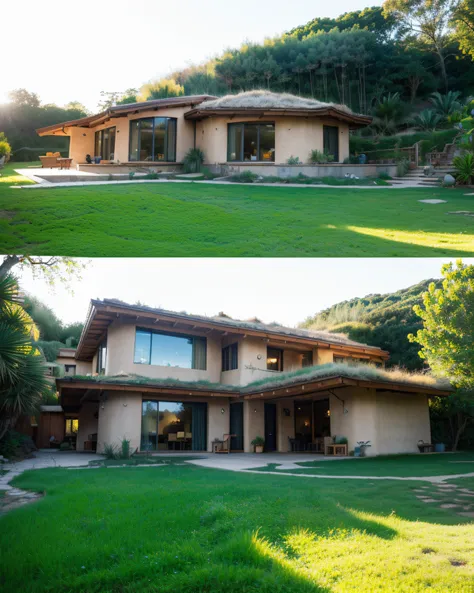 A imposing angular rounded corners contemporary modern hobbit house with a organic curved walls in tropical backyard, plaster (((rustic mud stucco santa fe style))) and a (((wave shape greenroof with a wood edge))), (((wood and rake fascia roof))), eaves, ...