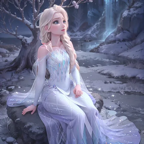 full-body pose of elsa from frozen, sitting like a lady under a tree on ice and looking up at the sky;, muitos detalhes, beautif...