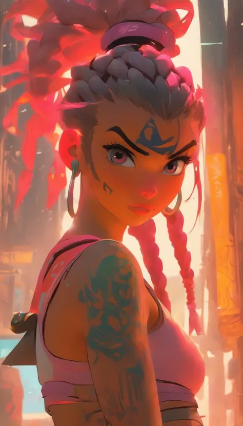 Ultra-detailed portrait of ShoalBeats 1girl in leggings, a sports bra, an off-shoulder jacket, braids and a hairband, in the gym with a cowboy shot pose, pink hair, symbol-shaped eyes, sweat and wet skin, with a water bottle, by Makoto Shinkai, Katsuhiro O...