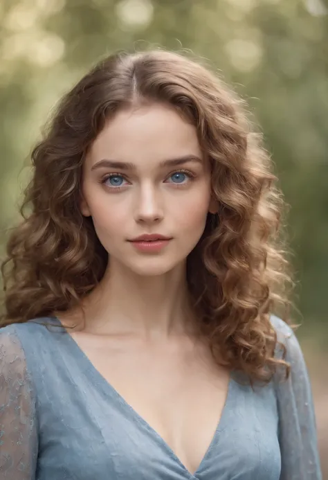 "Full body portrait of a charming girl with curly hair, petite figure, beautiful face, captivating blue eyes, and modest bust size, showcasing her natural beauty."