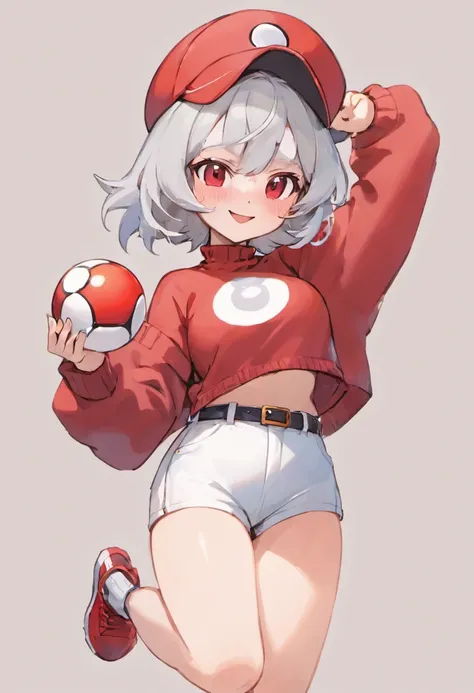 Red Baseball Cap.White shorts with right hand sticking forward,Turtleneck knitwear,Red glasses,Hi-Res, 1womanl,Pose with your right arm stretched forward, 独奏,Holding a Poké Ball in Your Hands, grey  eyes, white  hair, Red glasses,Red Baseball Cap, Red knit...