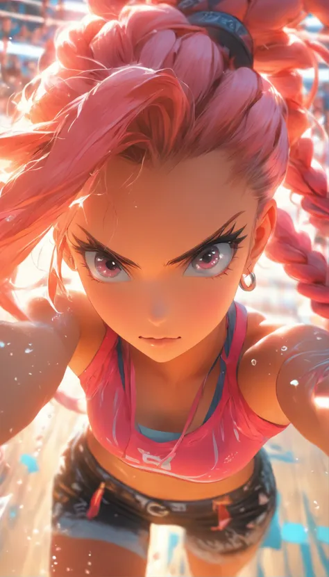 (masterpiece),(ultra-detailed), ShoalBeat, 1girl, solo, , shorts, leggings, braids, off shoulder jacket, sports bra, hairband, cowboy shot, pink hair, symbol-shaped eyes, in the gym, sweat, wet skin, water bottle,