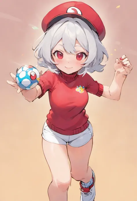 Red Baseball Cap.White shorts with right hand sticking forward,Turtleneck knitwear,Red glasses,Hi-Res, 1womanl,Pose with your right arm stretched forward, 独奏,Holding a Poké Ball in Your Hands, grey  eyes, white  hair, Red glasses,Red Baseball Cap, Red knit...