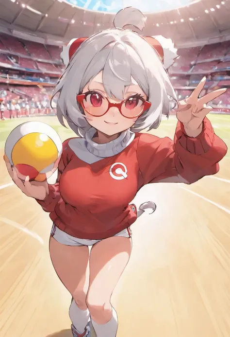 Red Baseball Cap.White shorts with right hand sticking forward,Turtleneck knitwear,Red glasses,Hi-Res, 1womanl,Pose with your right arm stretched forward, 独奏,Holding a Poké Ball in Your Hands, grey  eyes, white  hair, Red glasses,Red Baseball Cap, Red knit...