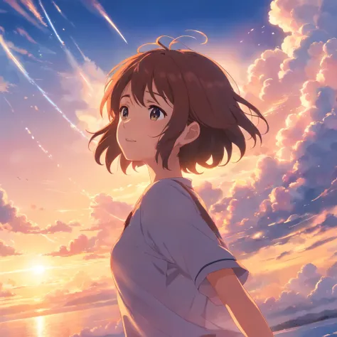 masterpiece, best quality, movie still, 1girl, cloud girl, floating in the sky, close-up, bright, happy, warm soft lighting, sunset, (sparks:0.7)