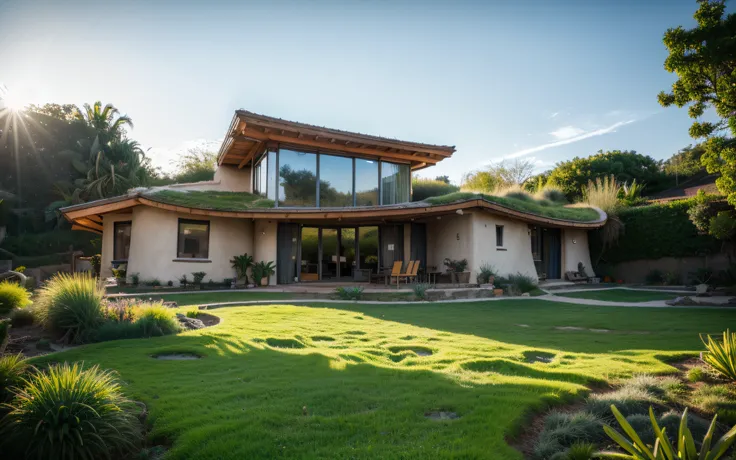 A photographyof a imposing contemporary modern sigle storey house with a organic curved angular rounded corners walls in tropical backyard, plaster (((rustic mud stucco santa fe style))) and a (((wave shape greenroof with a wood edge))), (((wood and rake f...