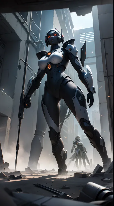 ((Best quality)), ((masterpiece)), (highly detailed:1.3), 3D,Shitu-mecha, beautiful cyberpunk women with her mecha in the ruins of city from a forgoten war, ancient technology,HDR (High Dynamic Range),Ray Tracing,NVIDIA RTX,Super-Resolution,Unreal 5,Subsur...