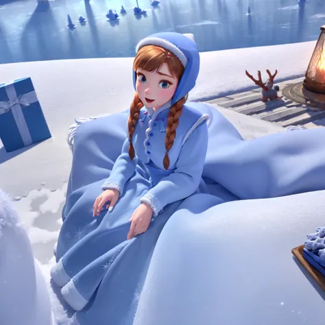 (masterpiece:1.4), (best qualit:1.4), (high resolution:1.4), 
anna of arendelle, blue christmas dress, blue cap, twin braids, 
outdoors, winter, snow,