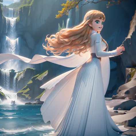 (masterpiece:1.4), (best qualit:1.4), (high resolution:1.4), elsa of arendelle, long hair, white cape, white dress, outdoors, (ocean, shore, waterfall,  authumn:1.3), smile,