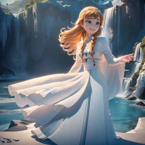 (masterpiece:1.4), (best qualit:1.4), (high resolution:1.4), elsa of arendelle, long hair, white cape, white dress, outdoors, (ocean, shore, waterfall,  authumn:1.3), smile,