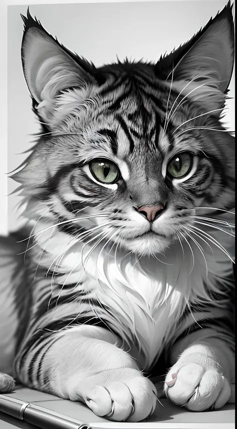 obra prima, superlativo,  gato maine-coon, somente, fundo do desenho da linha da flor, fundo branco, monocromatic, desenho de linha, ((esquete))