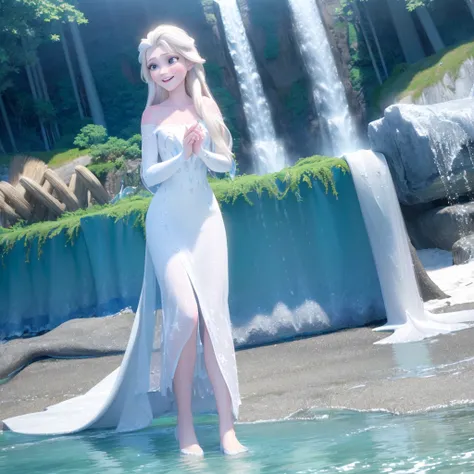 (masterpiece:1.4), (best qualit:1.4), (high resolution:1.4), elsa of arendelle, long hair, white cape, white dress, outdoors, (ocean, shore, waterfall,  authumn:1.3), smile,