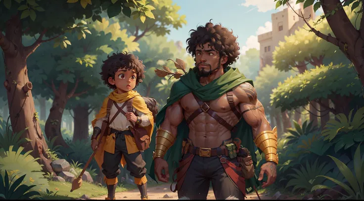 Malik Silva is a black kid with curly hair encounters a Muscle black bald man the Orisha of the hunt, with majestic Hunter armor, wearing a green cloak, and carrying a bow, jungle scene, Malik have a backpack and yellow kid clothes