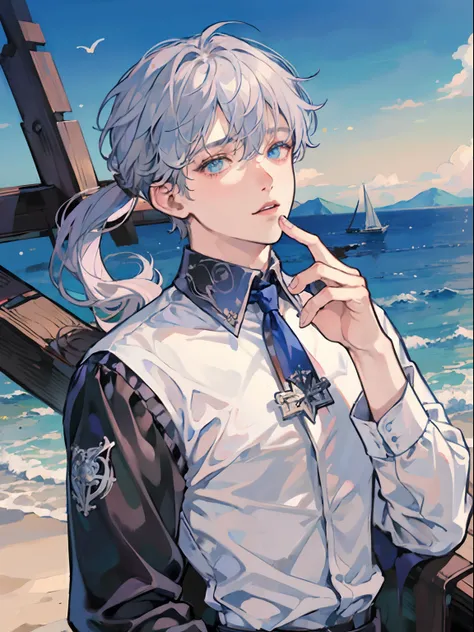 1boy,10 talents、(Mans :2) ,Handsome boy,Long silver hair、shackles,tattooed、barechested、cum,starrysky 、sand beach、Back lighting、the chaos、fantastic landscape、absurderes、hightquality、masutepiece,8K,NSFW,