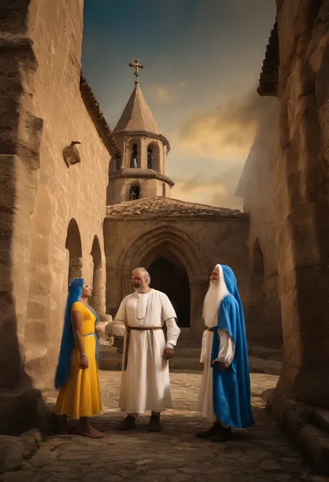 There is a man and a woman standing in front of a medieval church, belos arredores, imagem de perfil, em roupas azuis ( semelhantes ao desenho "smurfs"), Karla Ortiz, dia ensolarado brilhante, foto de perfil, lindo dia ensolarado, foto do perfil, imagem do...