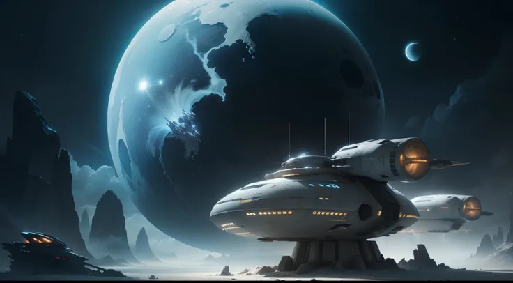 realistic moonbase in 2100 year with spaceships look like a StarTrek movies