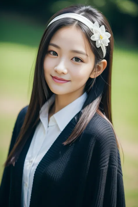 20 years girl、forehead、hair accessory、A dark-haired、cardigan、A slight smil、Beautuful Women、((top-quality、8K、​masterpiece：1.3))、foco nítido：1.2、An ultra-high picture quality、top-quality、​masterpiece、natural soft light、The upper part of the body、School route