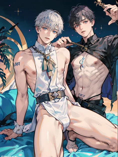 1boy,10 talents、(Mans :2) ,Handsome boy,Long silver hair、Hand flail、Shackles,tattooed、fullnude、A lot of semen、bdsm, starrysky 、sand beach、Back lighting、the chaos、fantastic landscape、absurderes、hightquality、masutepiece,8K,NSFW,