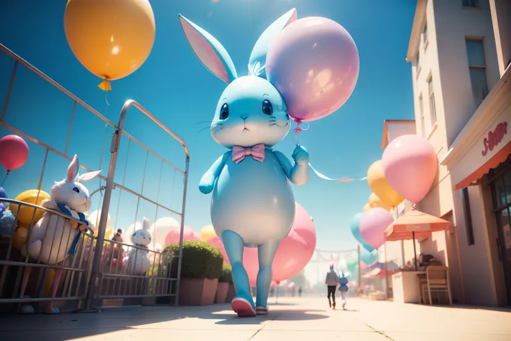 Portrait of A light blue rabbit with a bunch of colourful balloons, walking around in an amusement park, whimsical, funny. 3D character, animation character.